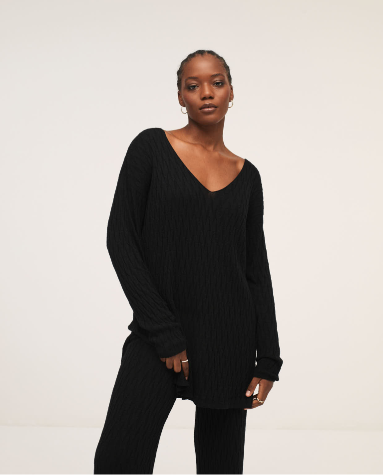 Tricot long sweater with texture and slits Black