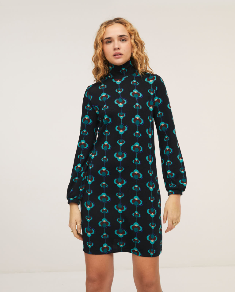 Short dress with high neck and puffed sleeves Navy blue