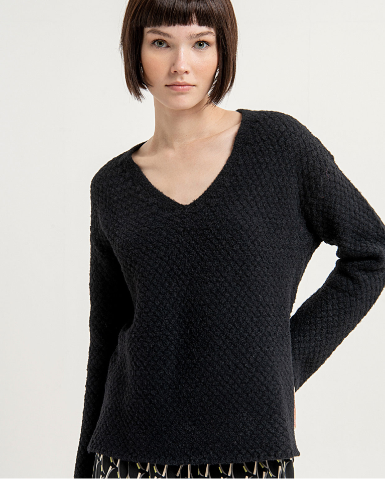 Wide knit jumper with wide V-neck Black