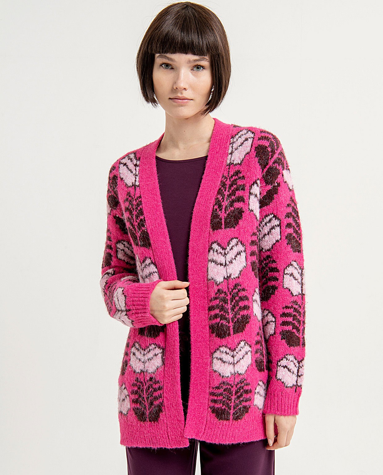 Cárdigan abierto Jacquard estampado Fucsia