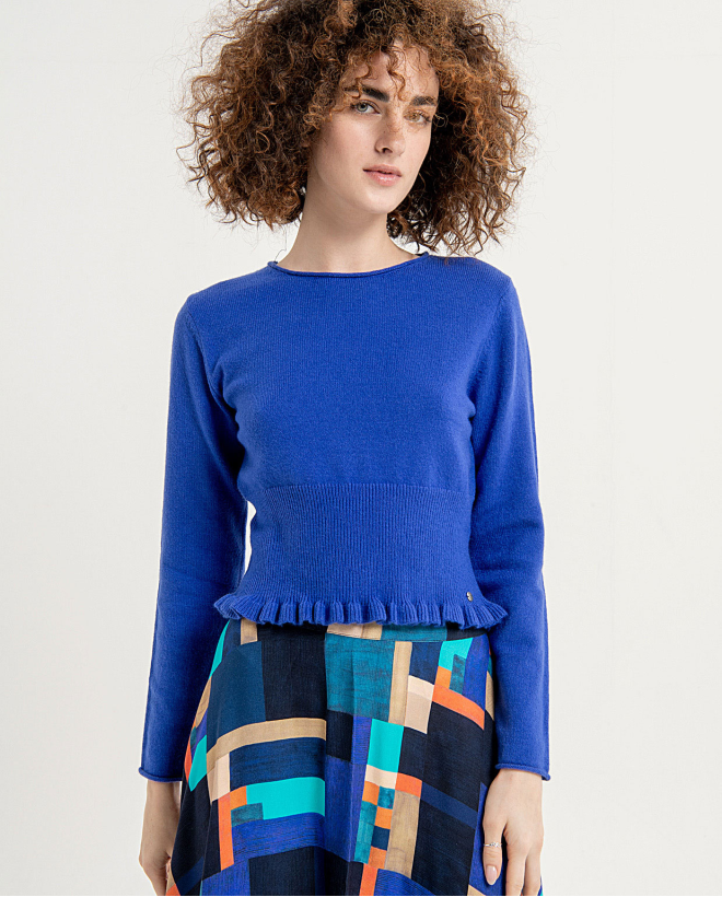 Pull uni à col rond et taille volantée uni Bleu cobalt