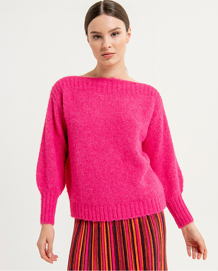 Pull en maille avec encolure bateau et larges poig Fushia