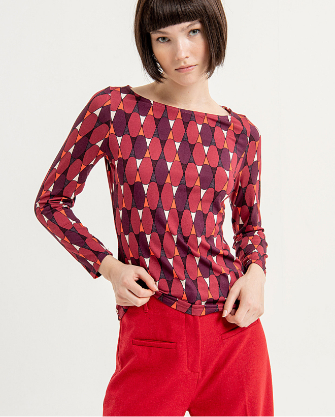 Stretch printed boat neck t-shirt Red