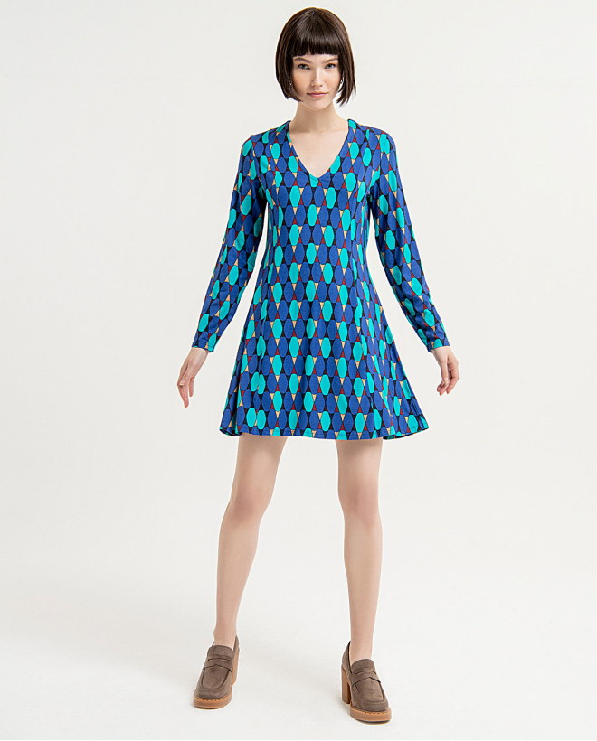 Printed V-neck floaty short dress Blue