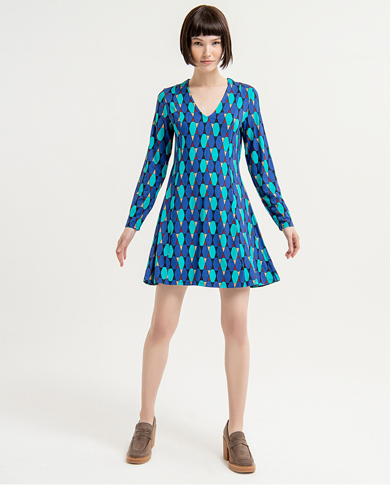 Robe courte imprimée à col V flottant Bleu