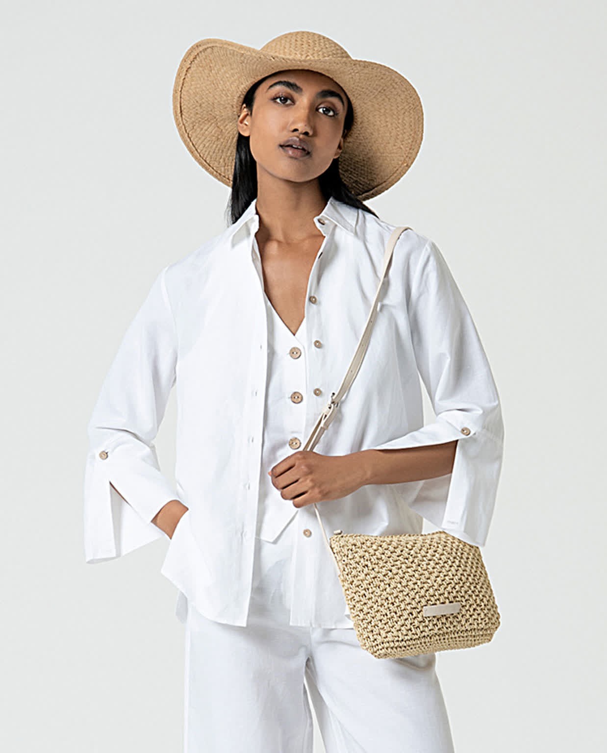 Plain straw hat Beige