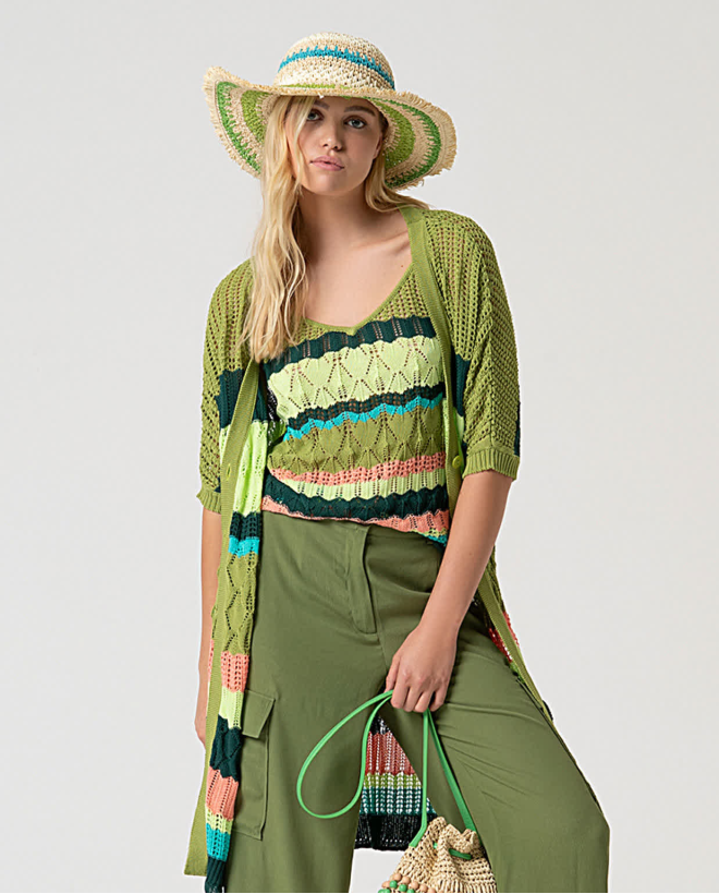 Striped straw hat Green