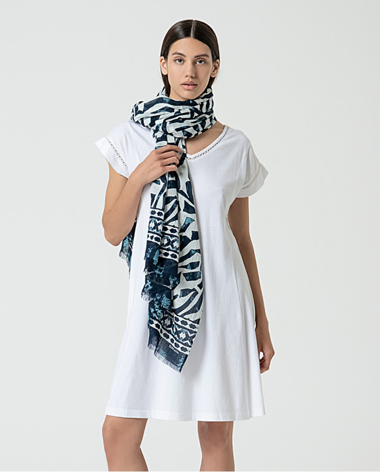 Printed cotton scarf Blue