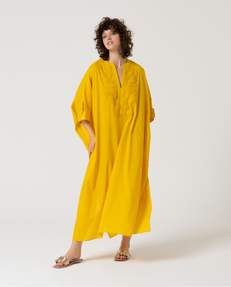 Caftan long fermé uni en coton Jaune