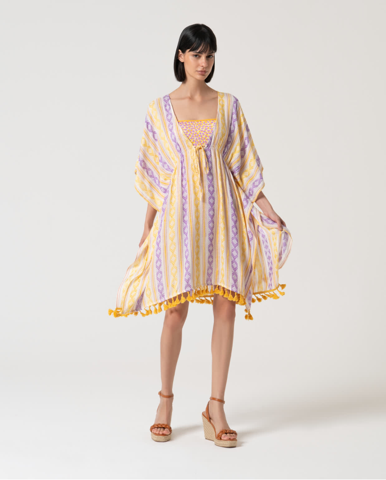 Caftan court fermé à imprimé Jaune