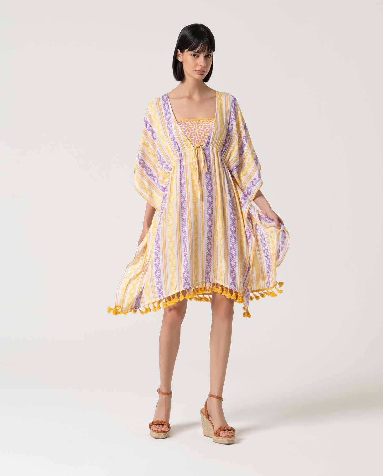 Caftan court fermé à imprimé Jaune