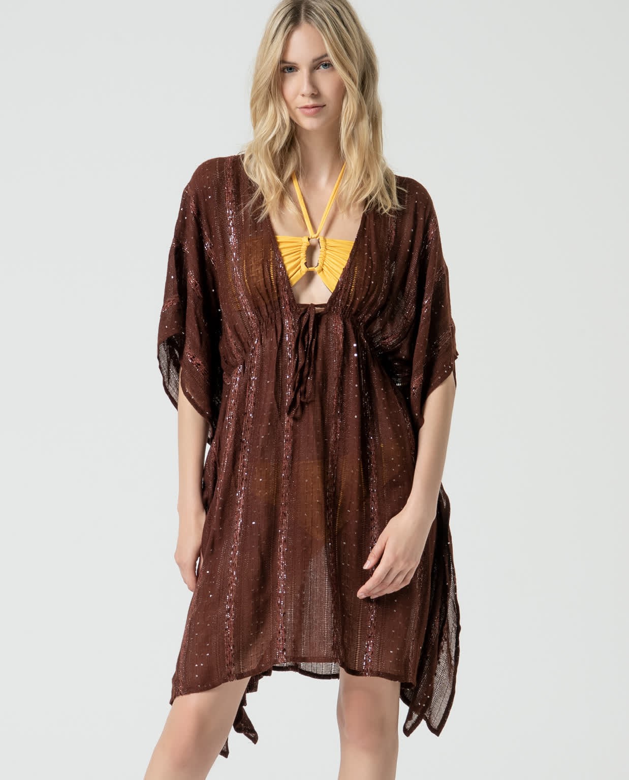 Caftan court uni à paillettes Marron