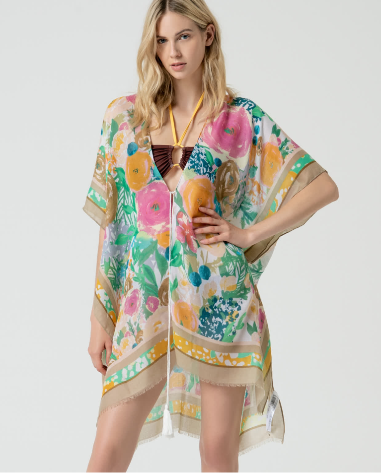 Printed short open KAFTAN AND PAREOS Camel