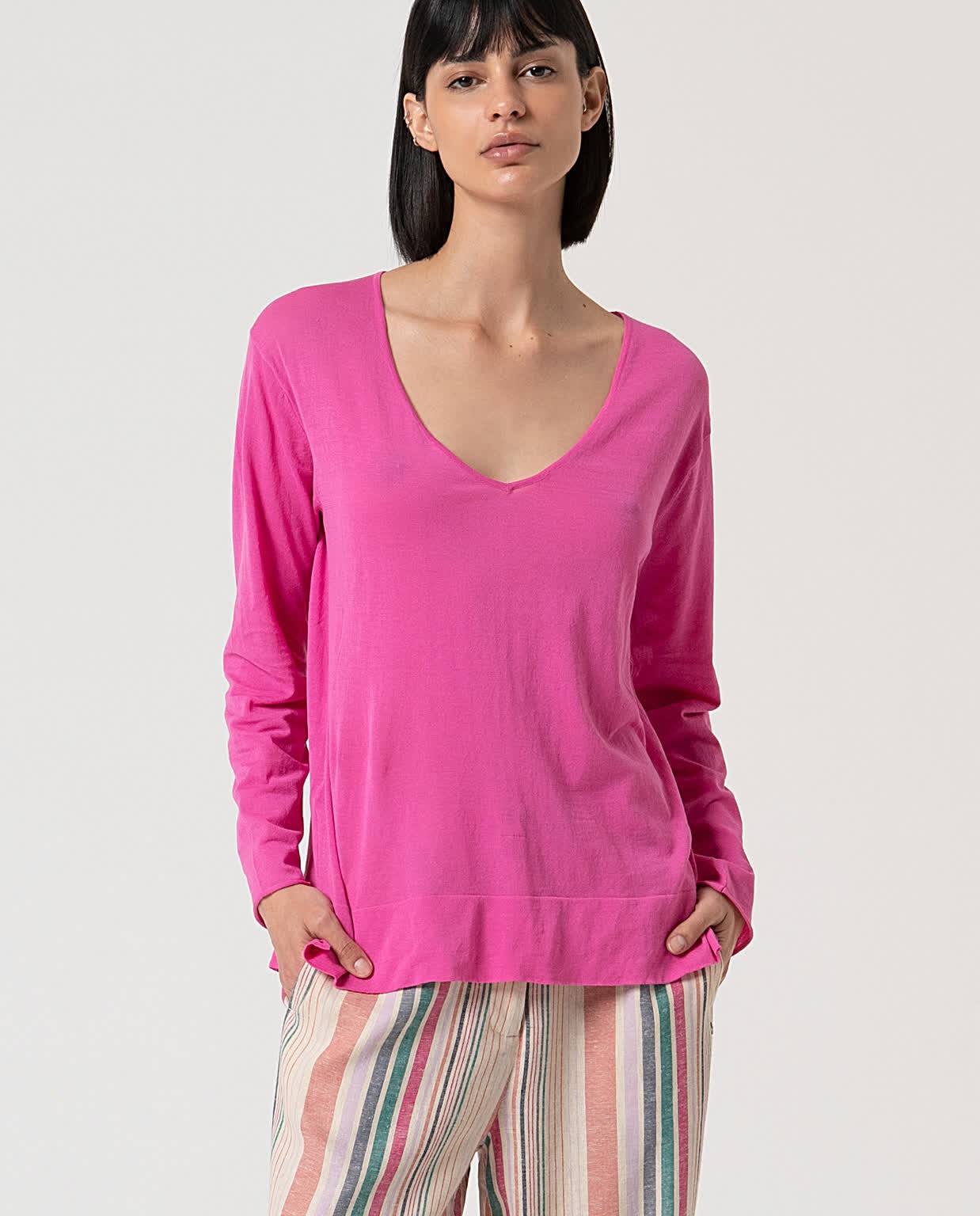 Pull mi-saison uni en coton Rose