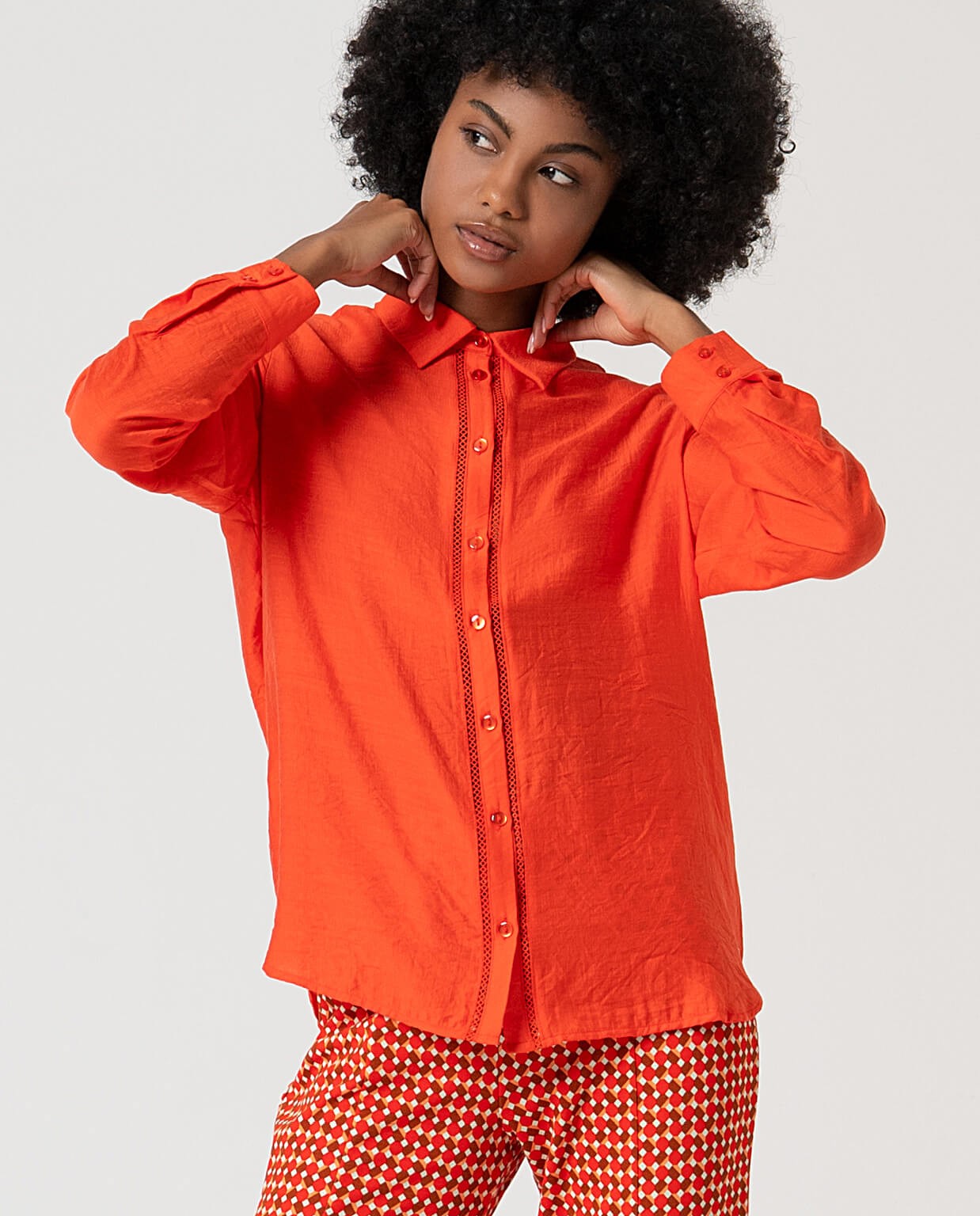 Chemise unie avec broderies perforées Orange