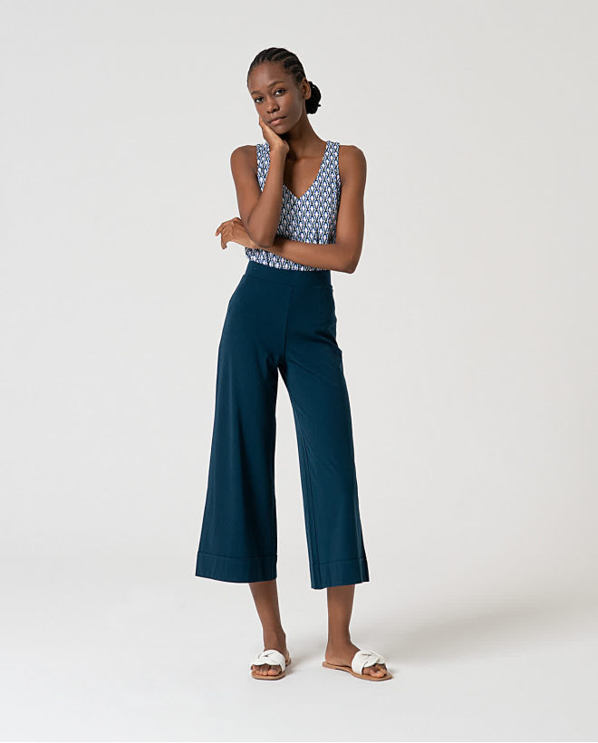 Pantalon cropped élastique uni Bleu pétrole