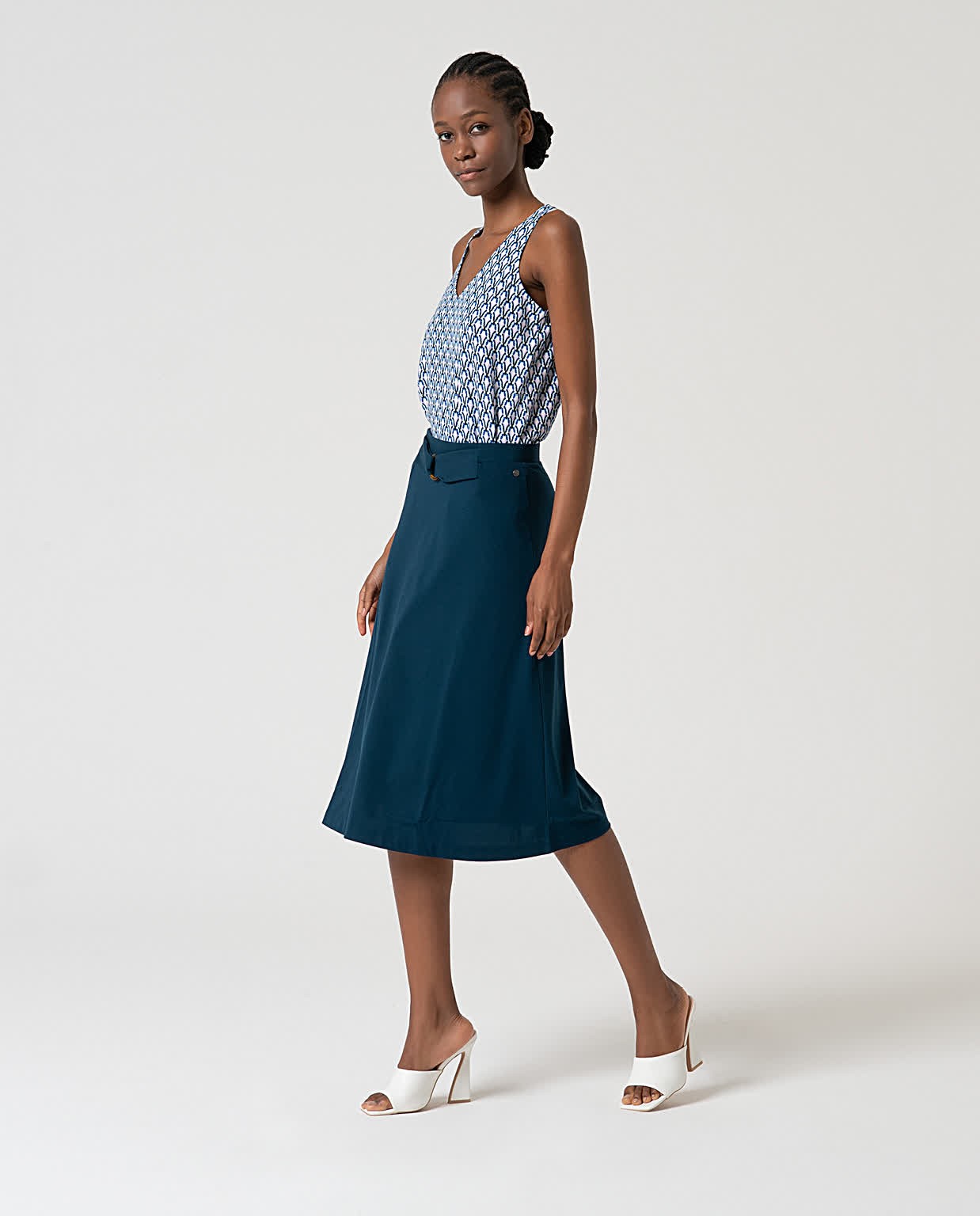 Plain stretch midi skirt Petrol blue