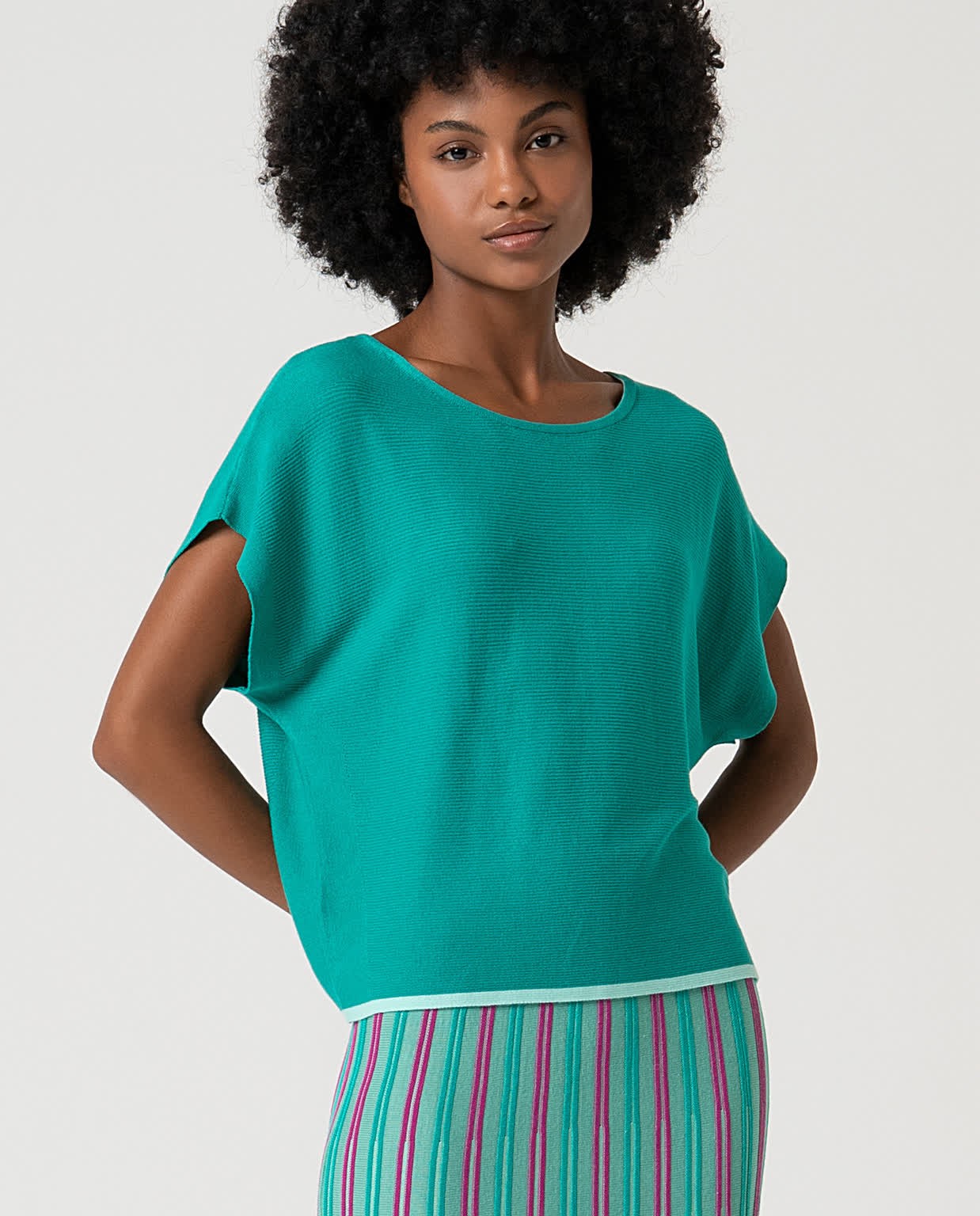 Plain knit short-sleeved jumper Emerald