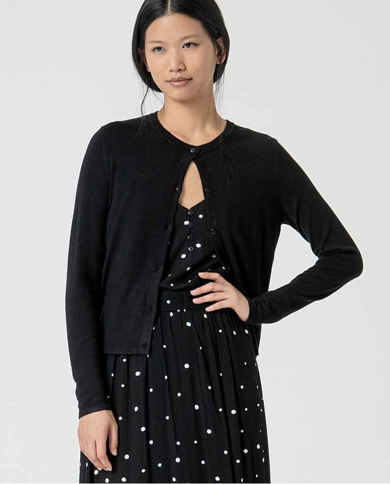 Plain long-sleeved knit cardigan Black