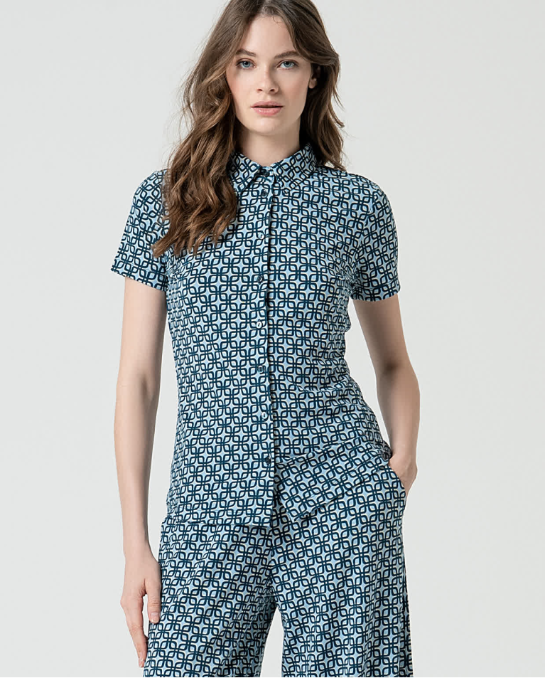 Chemise élastique à manches courtes et imprimé Bleu