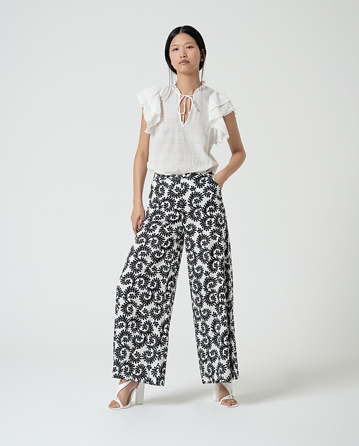 Pantalon wide leg à imprimé Blanc