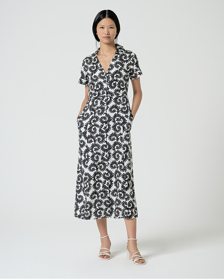 Printed shirt-style midi dress White