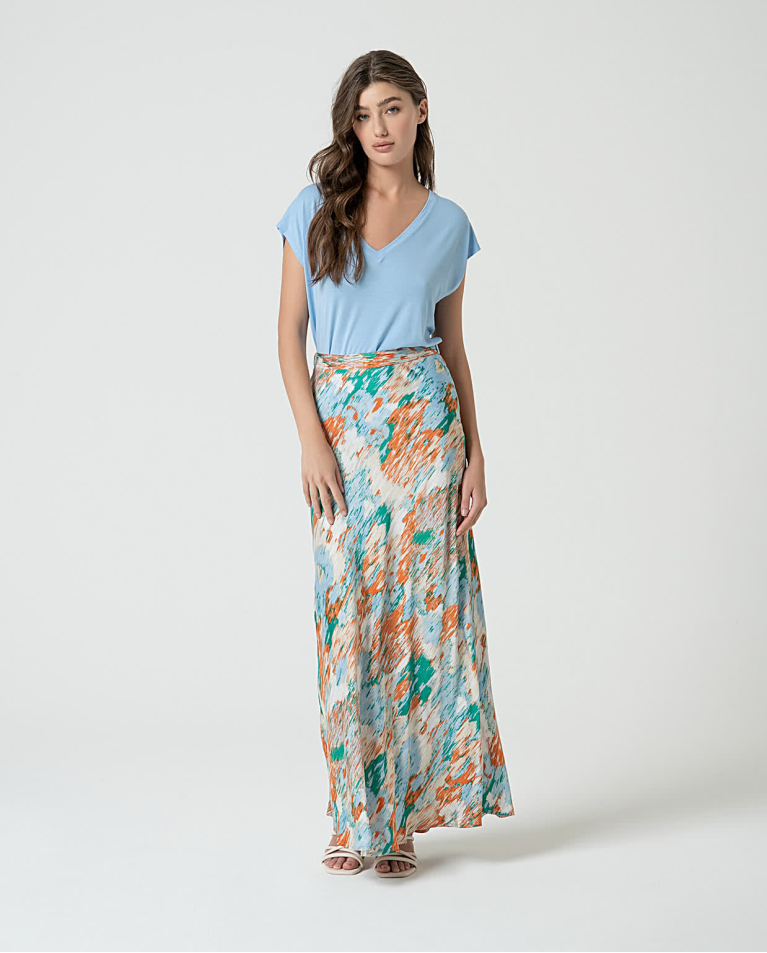 Long printed satin skirt Blue