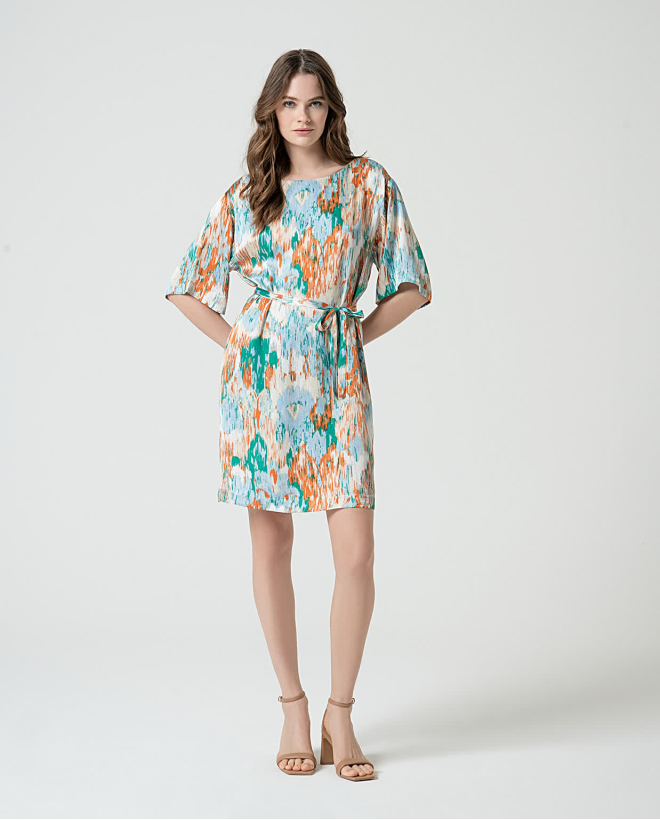 Printed satin tunic dress Blue