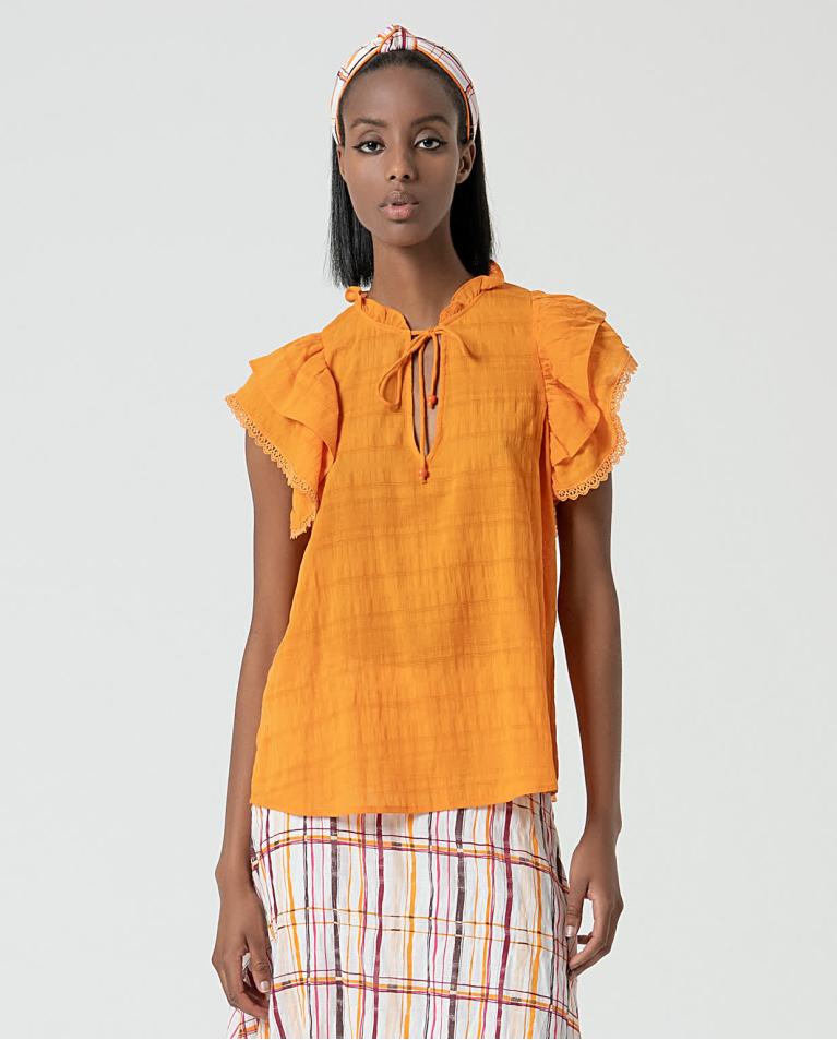 Plain romantic blouse with ruffles Orange