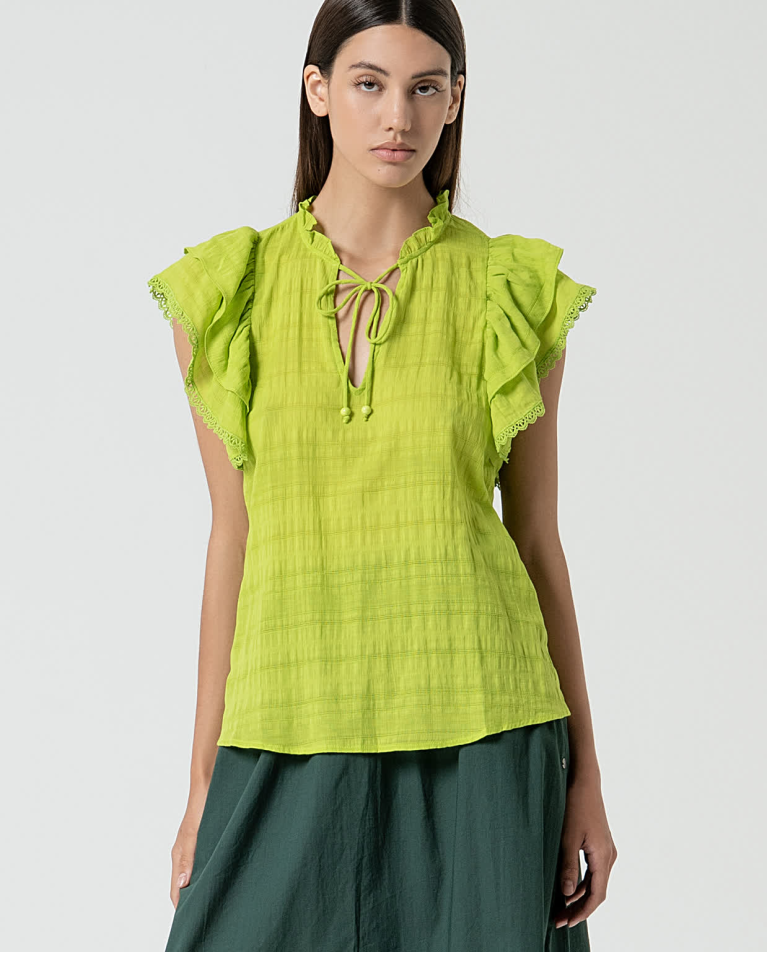 Plain romantic blouse with ruffles Acid green