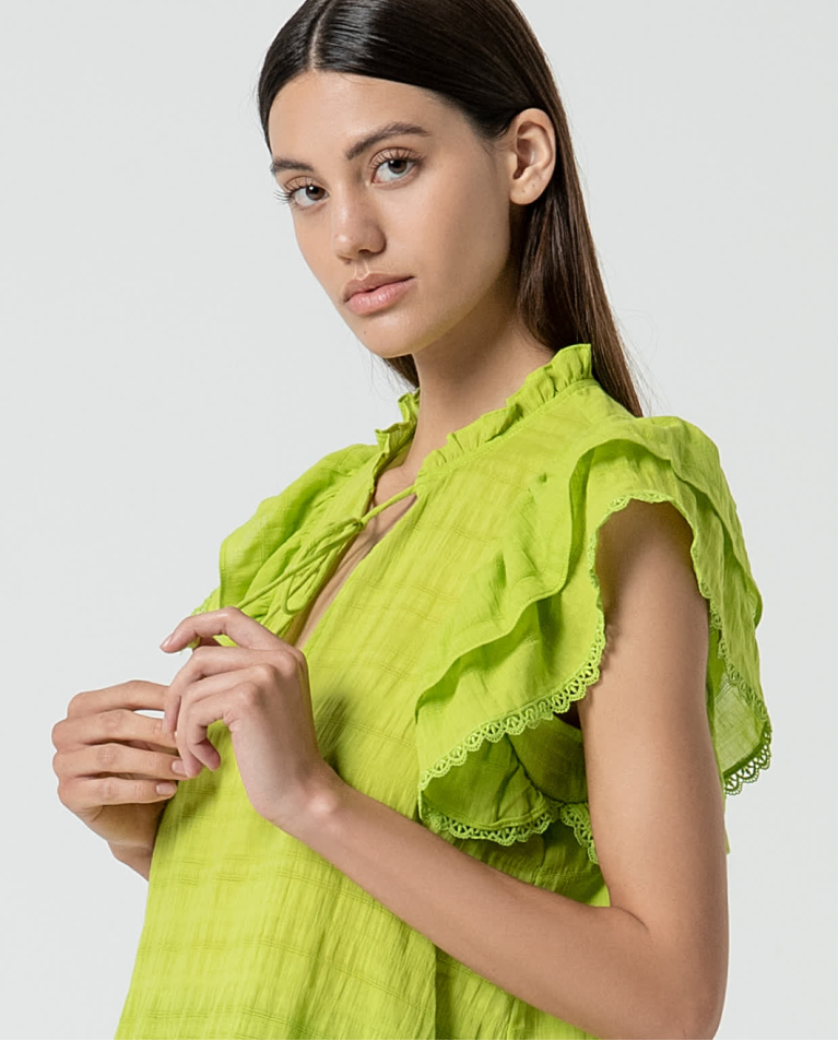 Blouse romantique unie à volants Vert acide