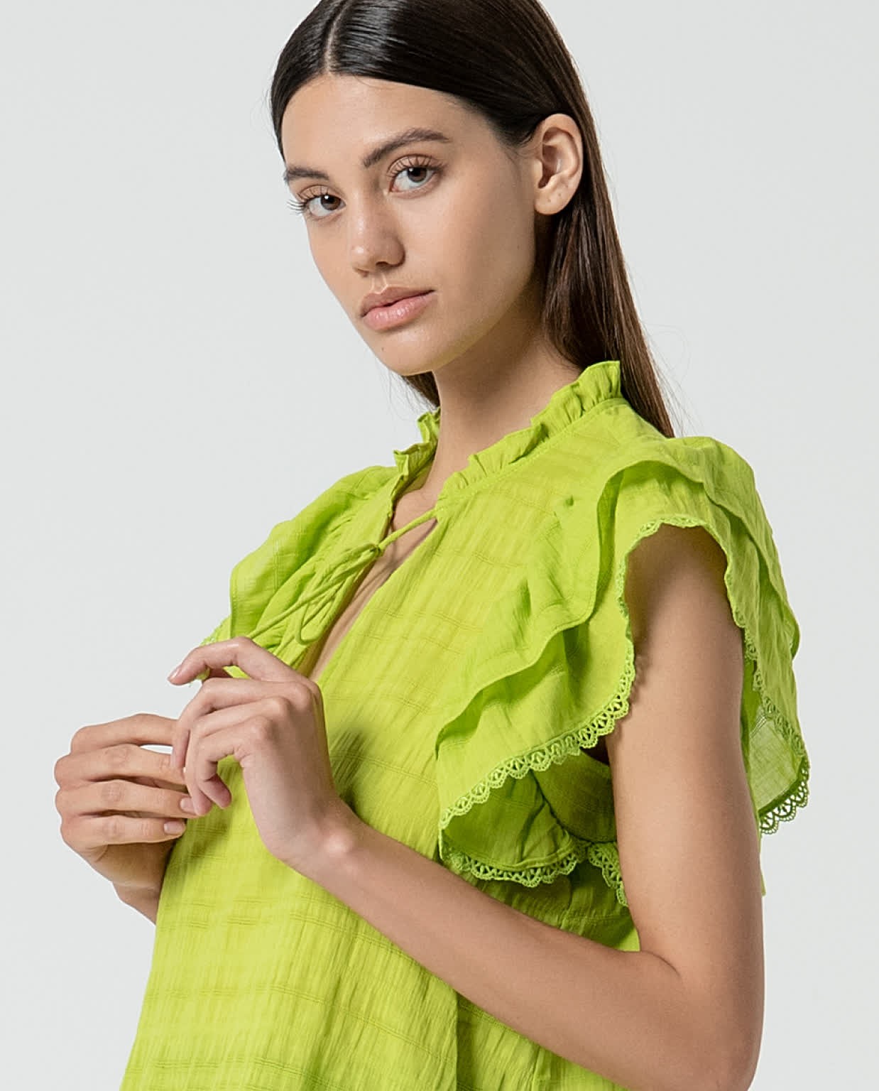 Blouse romantique unie à volants Vert acide