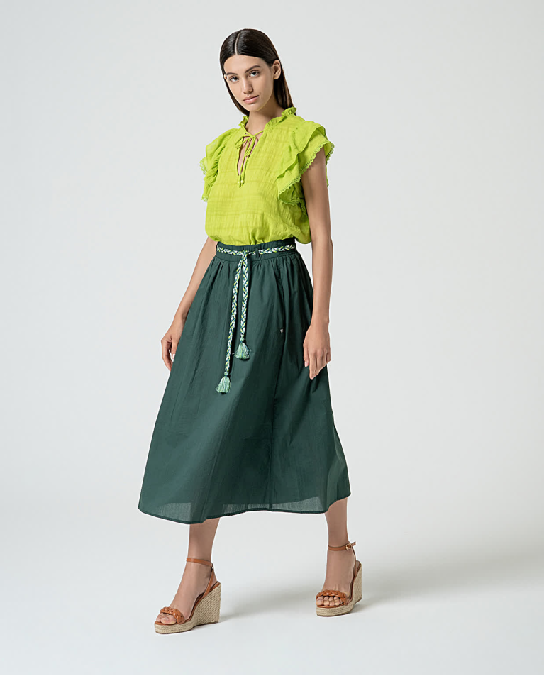 Jupe midi avec ceinture en coton Vert bouteille