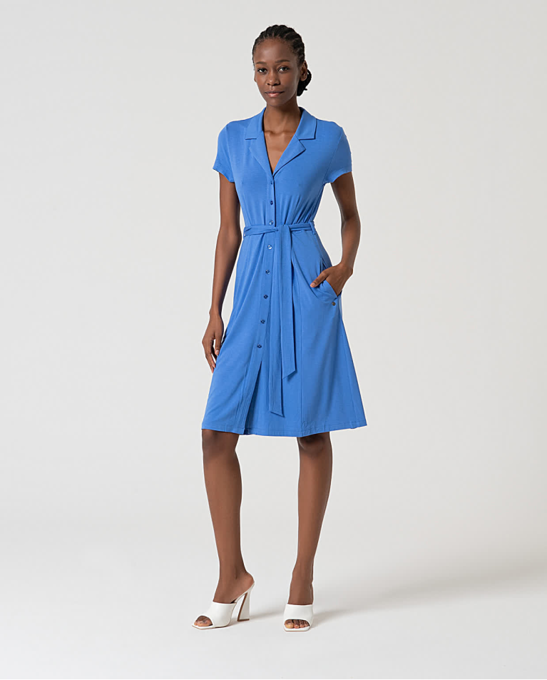 Robe chemise élastique unie Bleu