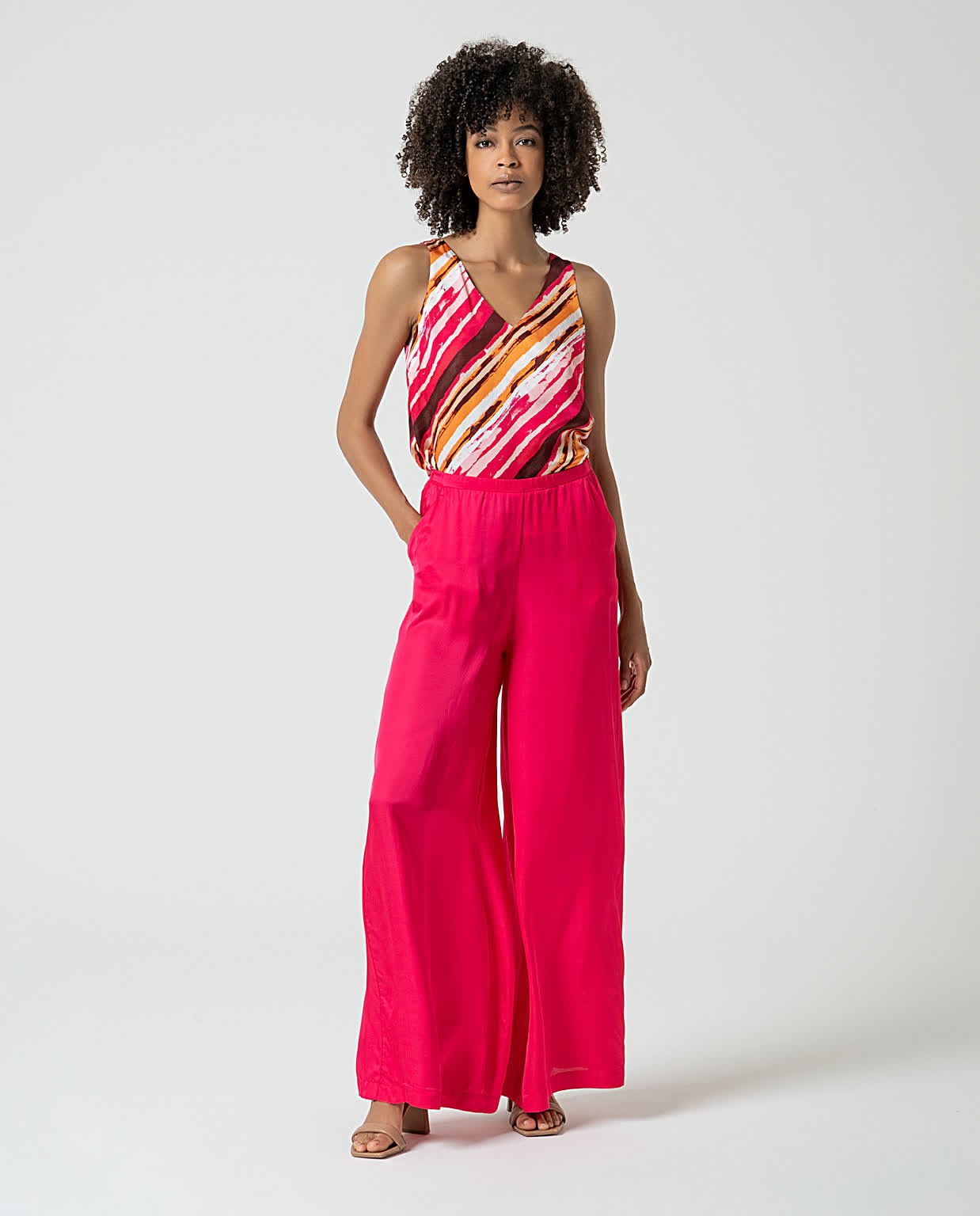 Pantalon wide leg satiné uni Fushia