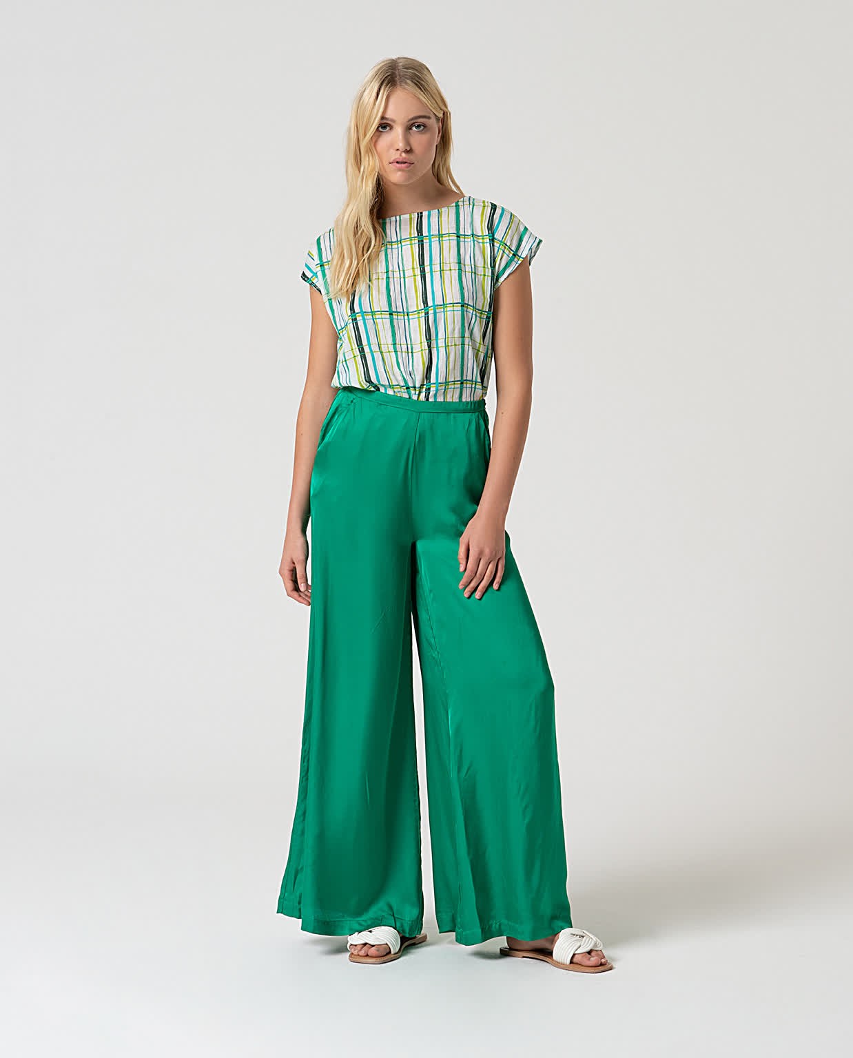 Pantalon wide leg satiné uni Vert billard