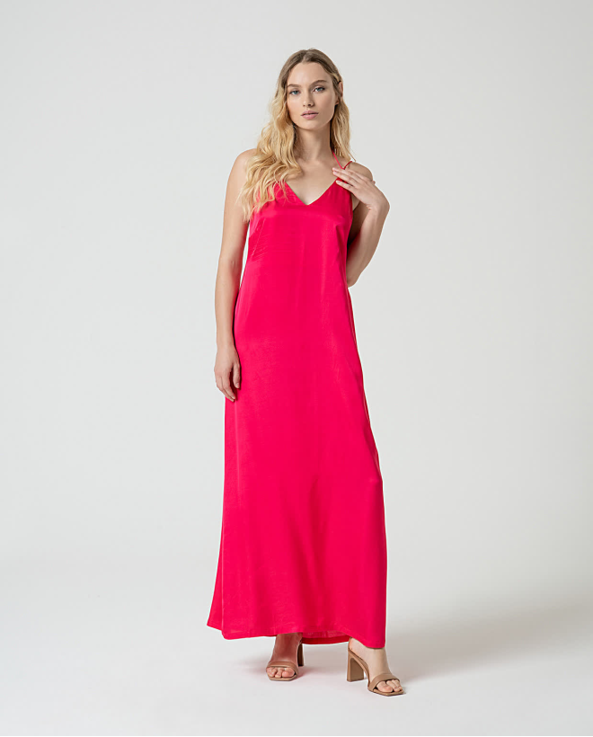 Robe longue unie satinée et fluide Fushia