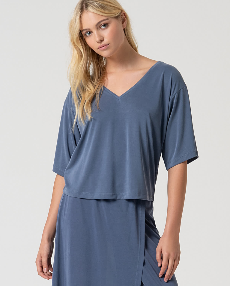 Plain loose-fitting stretch tee Indigo