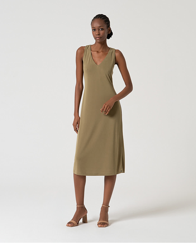 Robe midi élastique unie Khaki