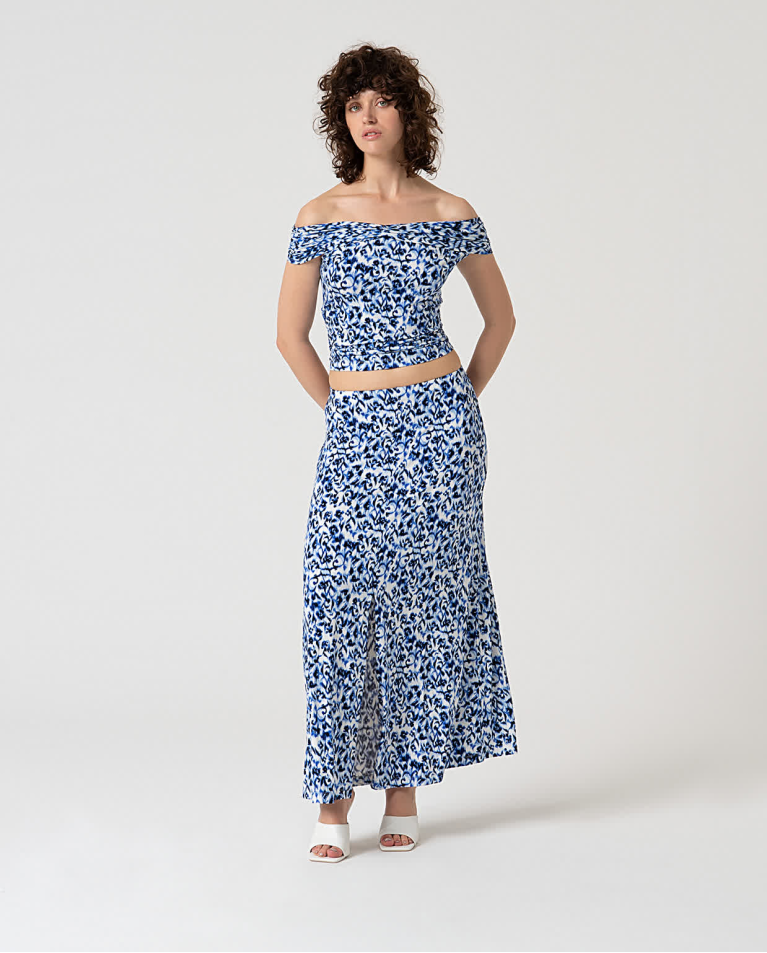 Long skirt with bamboo viscose print Blue