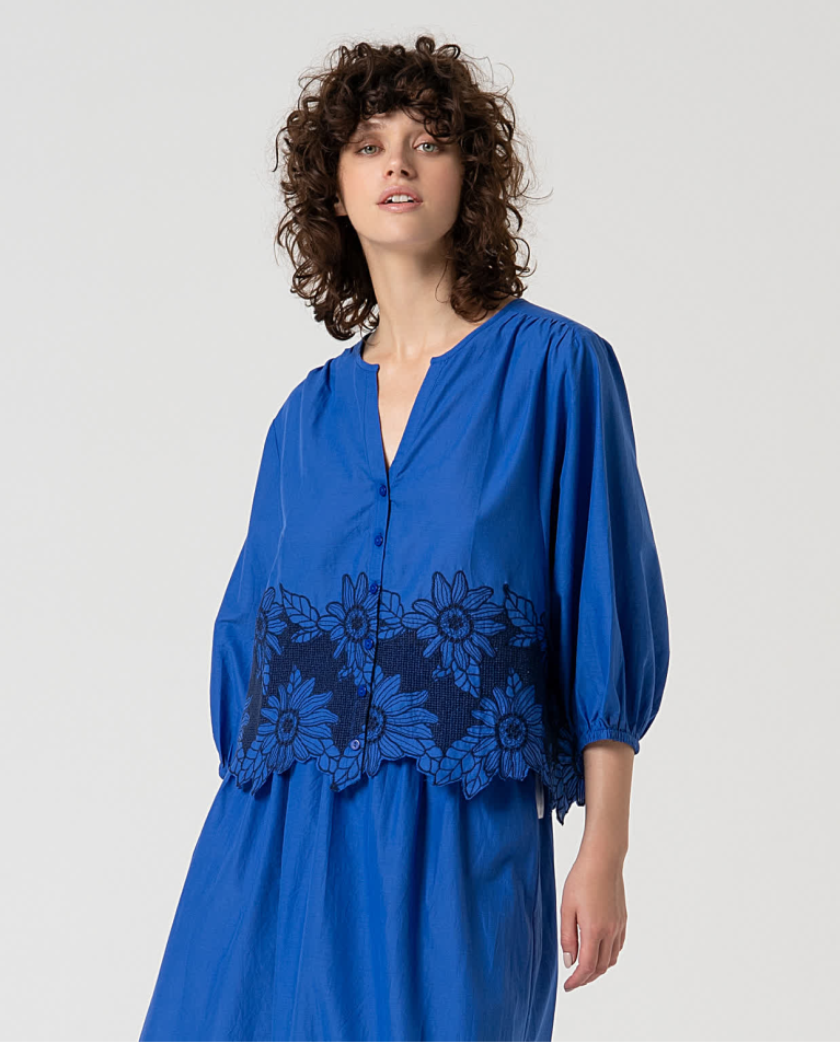 Oversized cotton blouse with embroidery Cobalt Blue