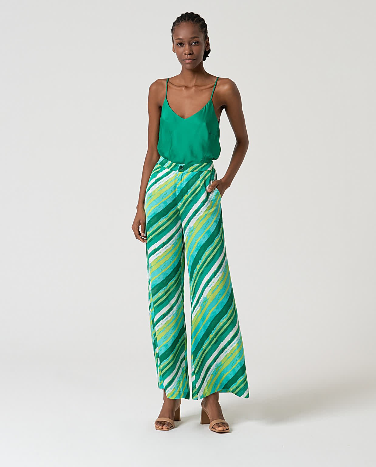 Printed satin wide-leg PANTS Green