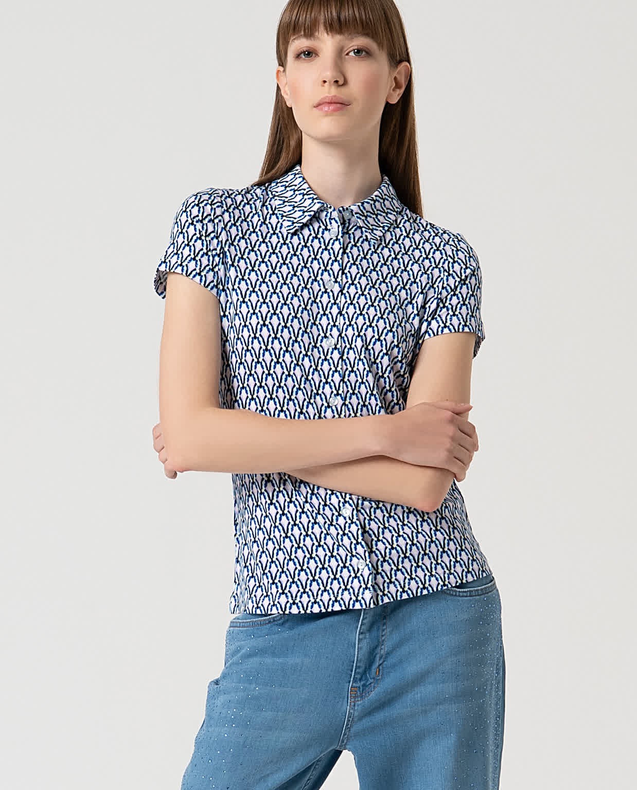 Chemise élastique à manches courtes et imprimé Bleu