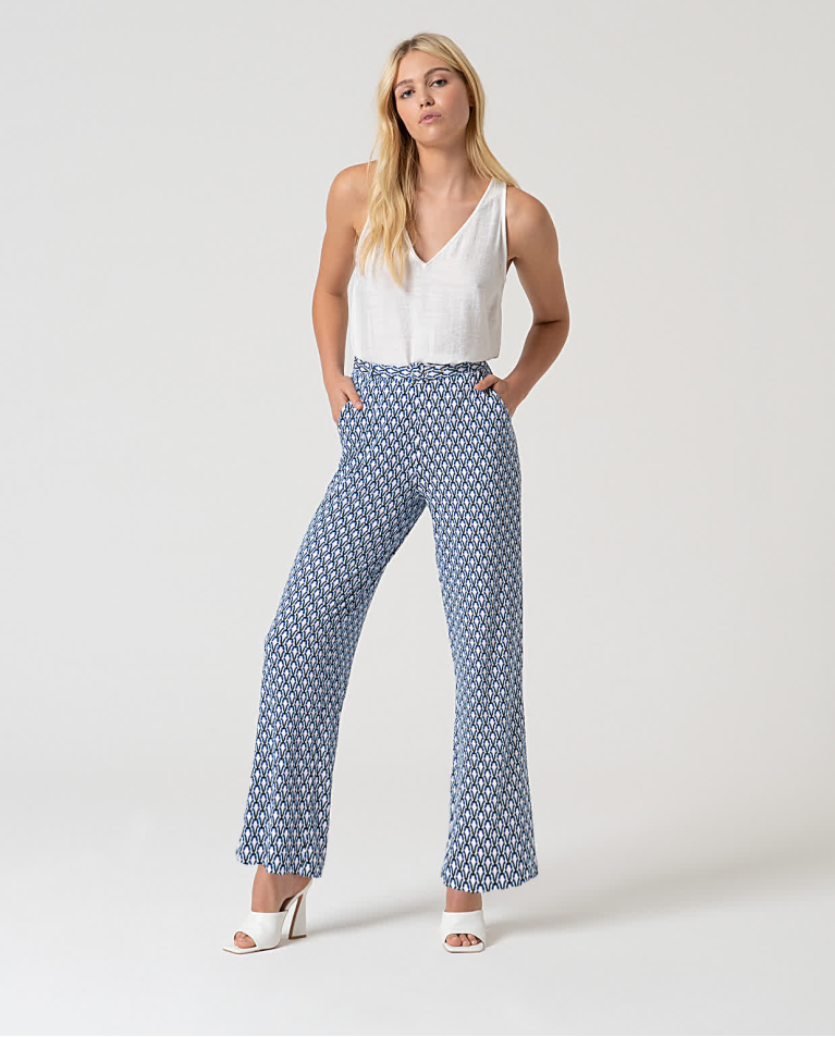 Pantalon droit élastique à imprimé Bleu