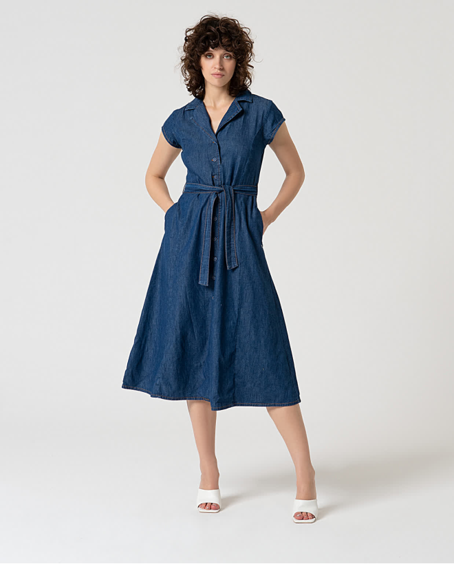 Robe chemise midi en denim Bleu