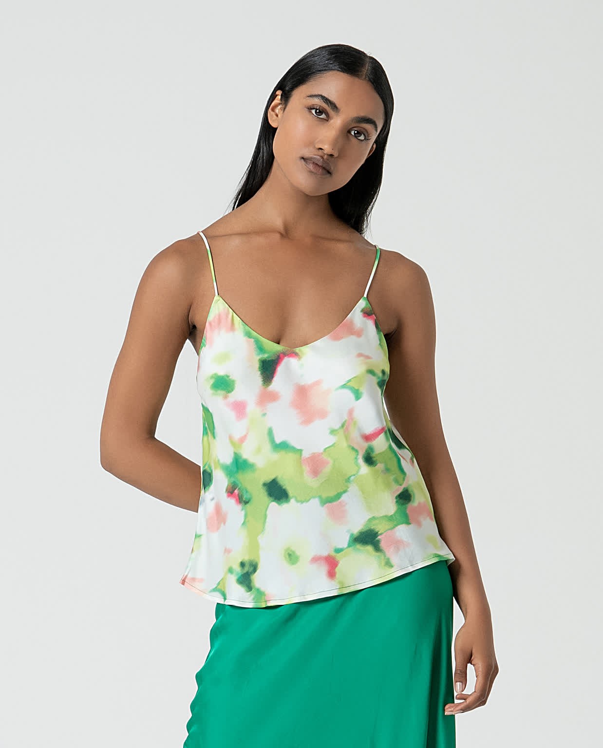 Satin printed V-neck top Green