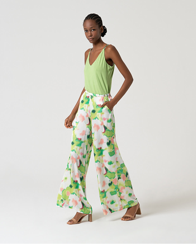 Pantalón palazzo satinado estampado Verde