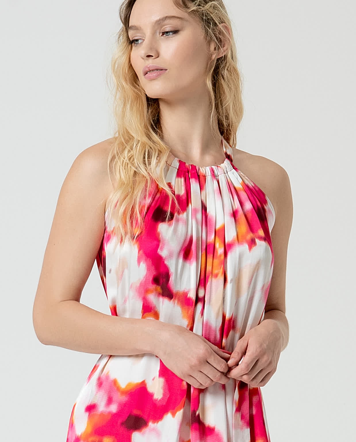 Abito midi all'americana satinato Fucsia