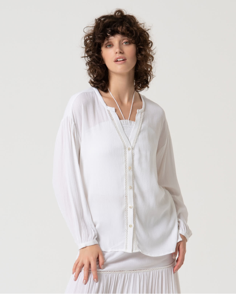 Blouse unie à col mao ouvert Blanc