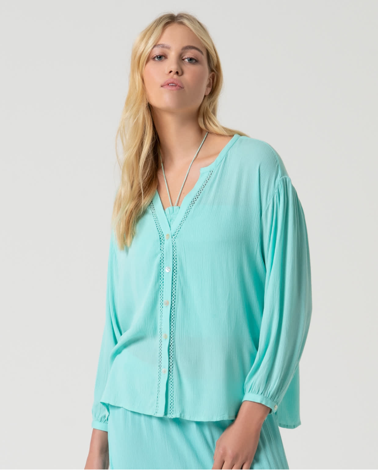 Blouse unie à col mao ouvert Turquoise